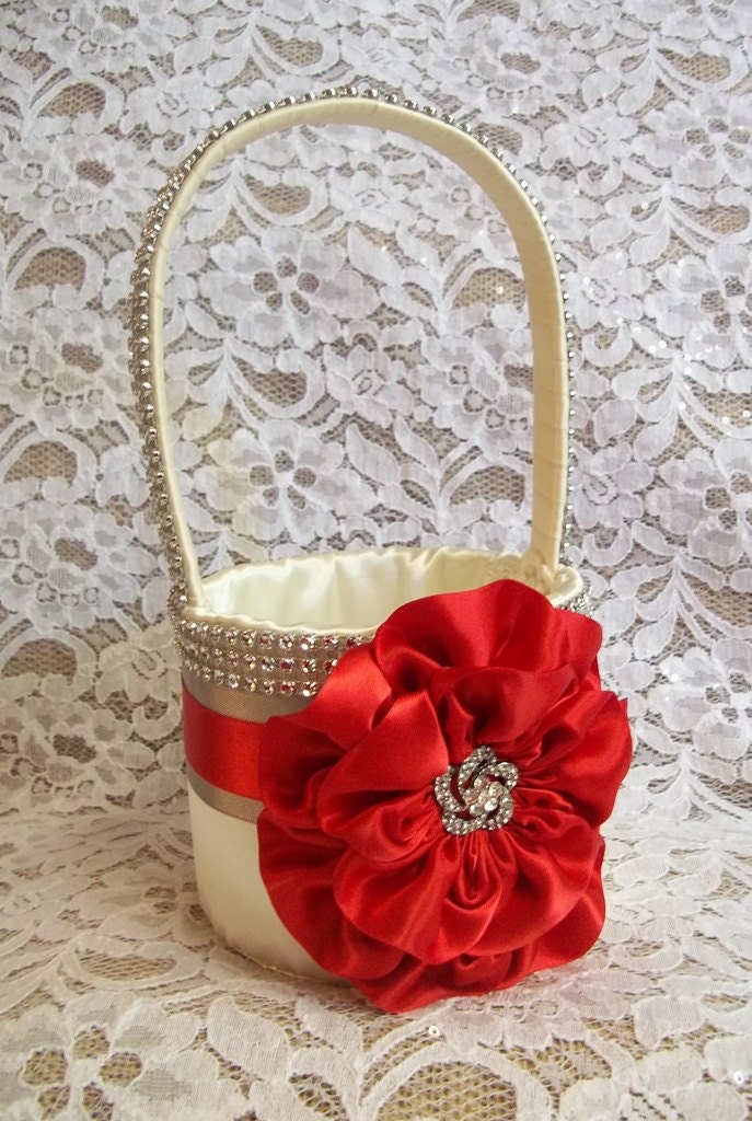 Red, Gray & Ivory Flower Girl Basket with Rhinestone Mesh handle and Trim, Lots of Bling, Custom Made to Order
