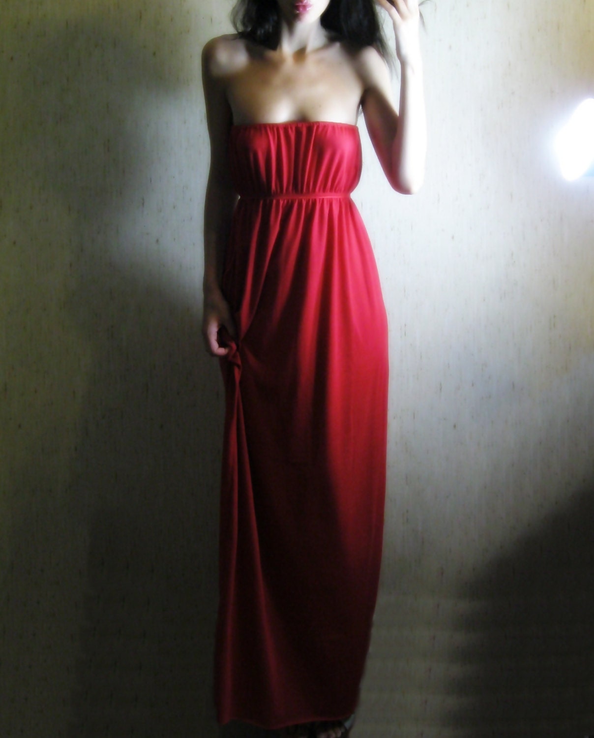 awake - beautiful red organic bamboo cotton strapless hippie boho maxi dress sundress xs small