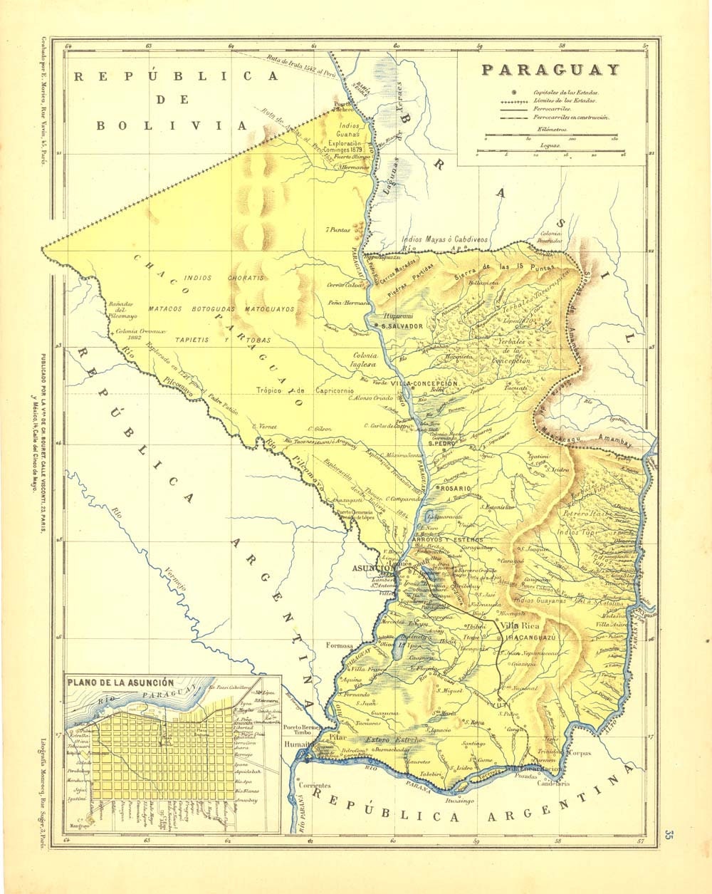 1912 Paraguay Antique Map Home Decor Wall Hanging Yellow