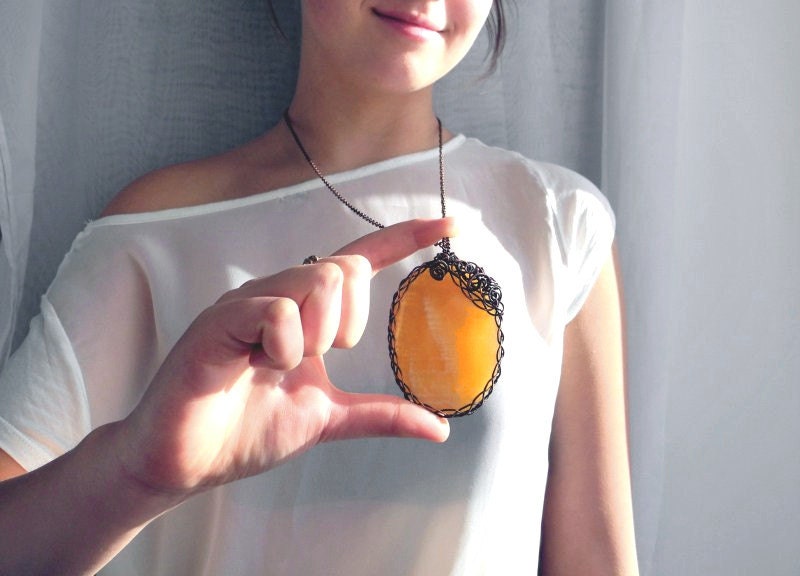 Yellow Statement necklace, oval orange necklace, Copper wire wrapping, Calcite pendant, Palmstone necklace - NurrgulaJewellery