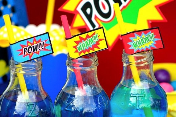 SUPER Hero Party Printables - STRAW FLAGS - Superheroes Party for Spiderman, Batman and Superman - Instant Download Il_570xn