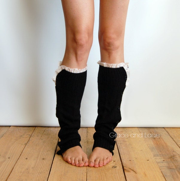 The Miss Molly - Black Slouchy Button Down Leg warmers w/ Knit Lace trim - Legwarmers boot socks boot warmers lace leg warmer (item no. 7-2)