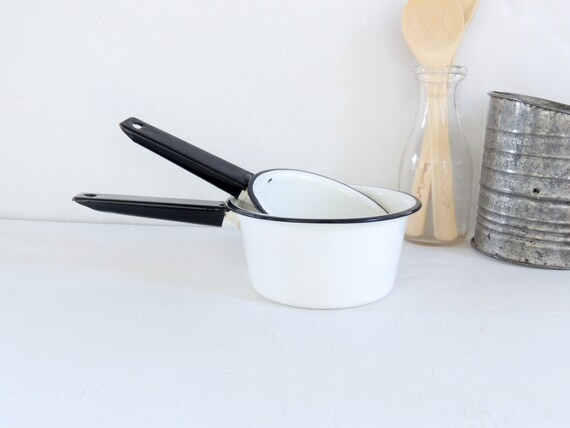 Items similar to Vintage Enamel Pans Set of Two Black and White