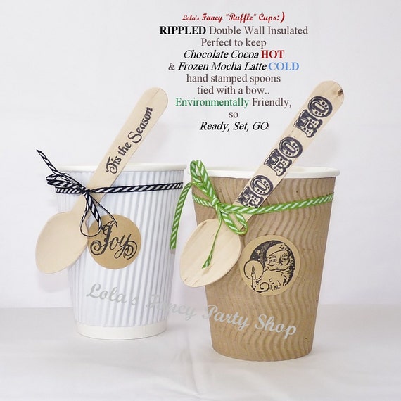 White Rippled 20-count of SANTA's Hot Cocoa CUPs 12oz Hand Stamped Wooden Spoon & Label Ice Cream Buffet, Cobblers, Desserts,Vintage, Retro Il_570xn