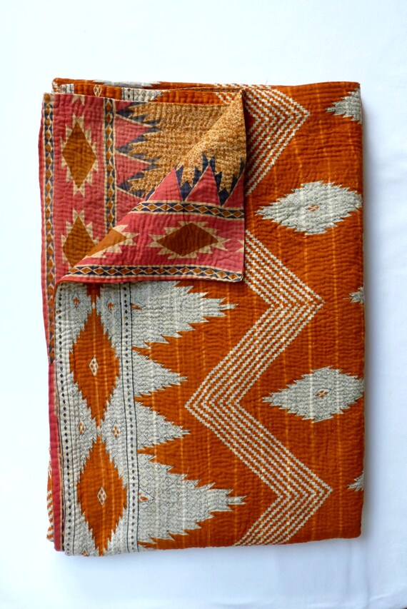 Vintage Kantha Quilt Throw in Burnt Orange by LiveLoveSmile
