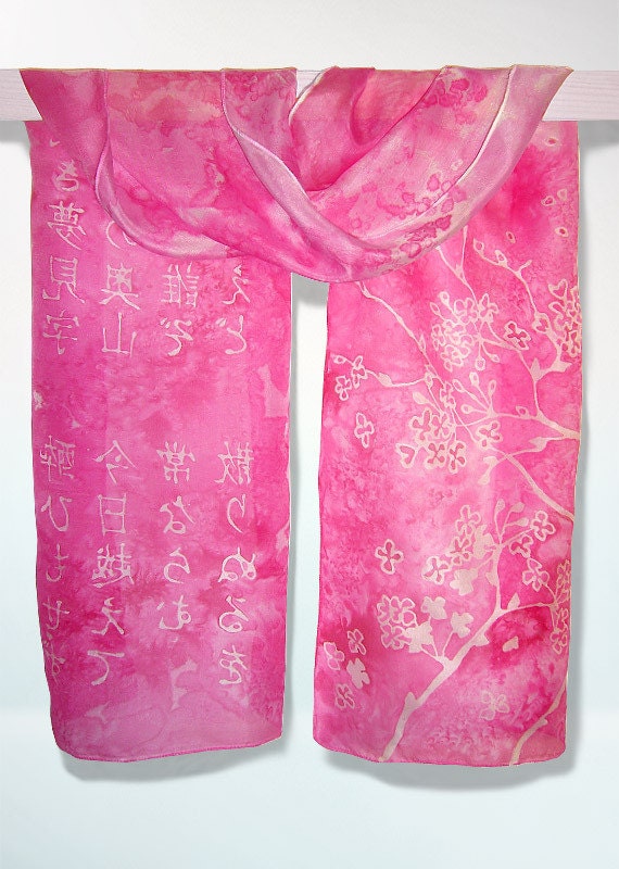 Painted scarf - PINK JAPAN - hand painted silk scarves - pink scarf with white kanji - cherry blossom - MinkuLUL