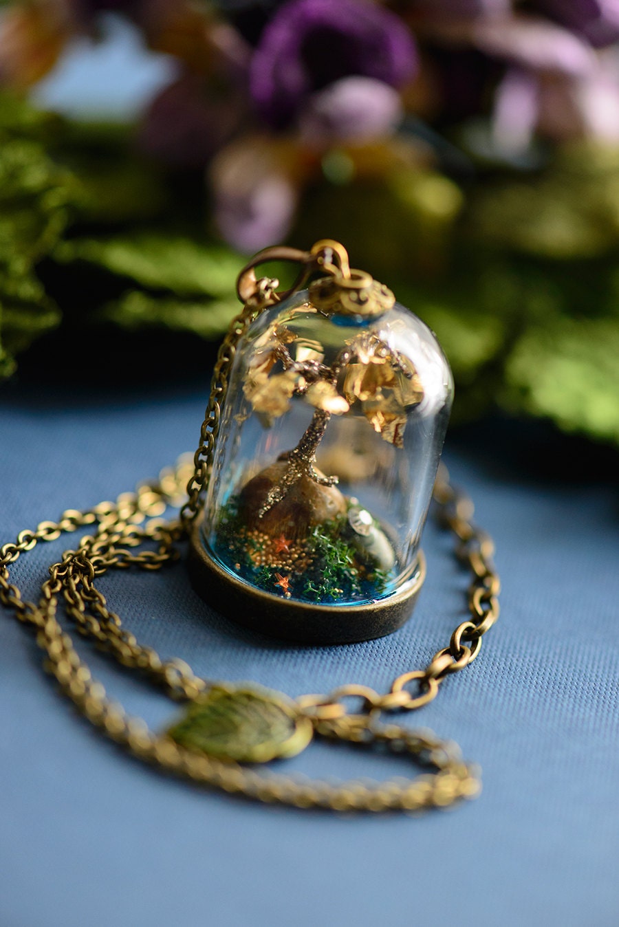 Steampunk Pendant Terrarium Necklace, Gold Leaf Bonsai Tree Miniature Bell Jar - singlewhitepixel