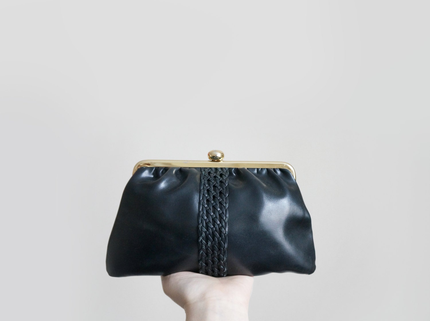 Vintage black leather clutch with braid, small black leather purse with gold metal clasp - plot Vintage black leather clutch with braid, small black leather purse with gold metal clasp - plot