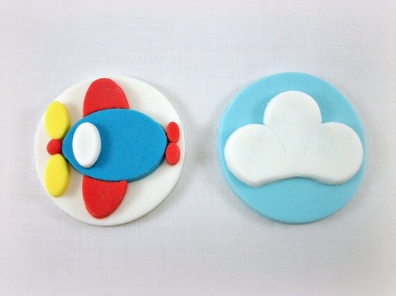 Airplane Party Fondant Cupcake Toppers, Airplane Birthday Cake Cookie Fondant Toppers, Airplane Baby Shower Decoration, Cloud Topper-12 pcs Il_570xn