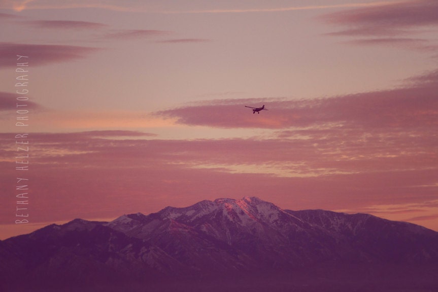 Landscape Photography, 8x12 Print, Nature Photography, The Mountains Are Calling, Rocky Mountain Art, Pink, Utah Art, Airplane, Sunset, Snow - riotjane