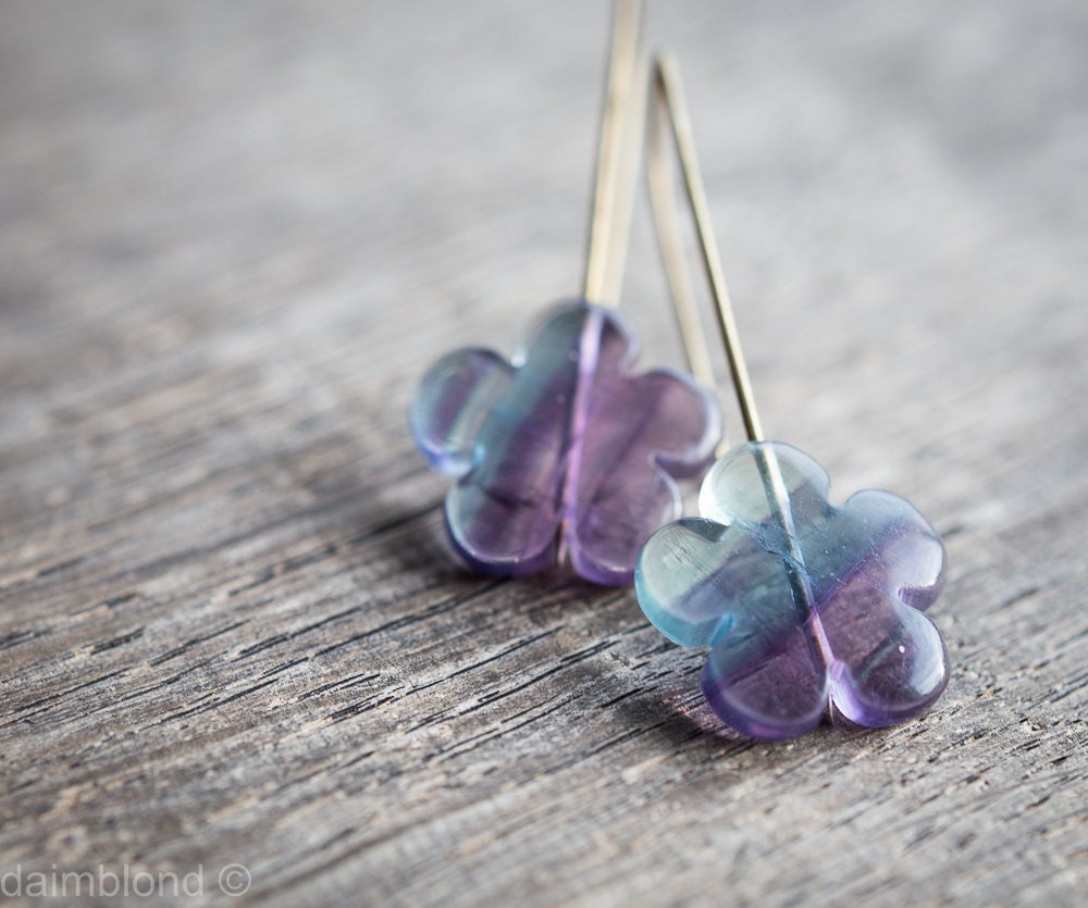 Modern Earrings Fluorite Flower Purple Emerald Urban Minimalist Geometric Jewelry organic eco friendly rusteam