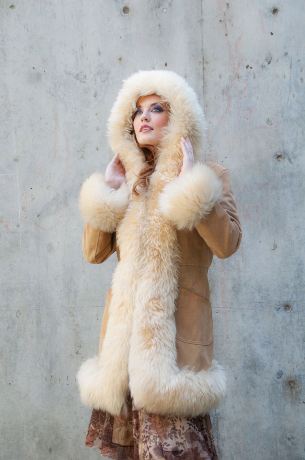 Vintage coat, leather fur hood cuffs, ivory white blonde shearling