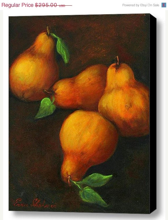 ON SALE Still Life Honey Pears Painting - Limited Edition Hand Embellished Canvas Print - EnzieShahmiriDesigns