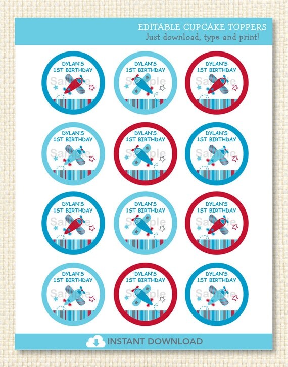 Airplane Cupcake Toppers INSTANT DOWNLOAD Editable PDF by Little Prints