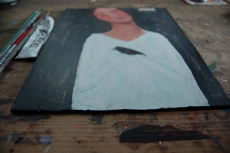 Original 8x10 Acrylic Portrait Painting on Canvas Panel, Black, Dark, Hope, Girl, Sadness