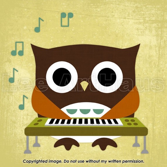 106R Retro Owl Playing Keyboard 6x6 Print by leearthaus on Etsy