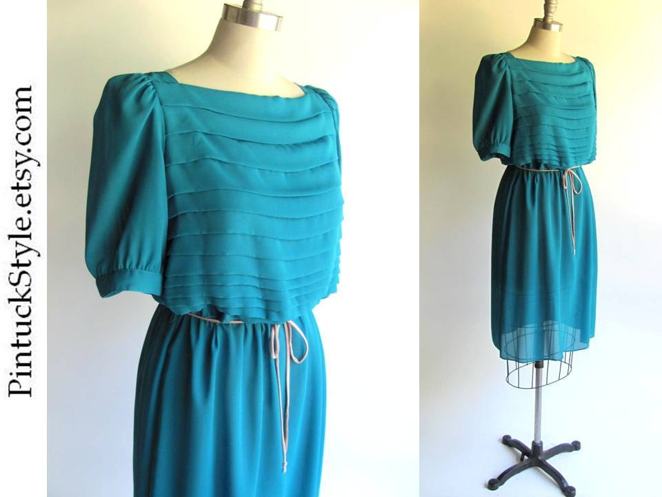SALE M size Soft Vintage Dress in Teal / 70s Retro Style Secretary Dress / Teal Blue Floaty Fabric / 1970s Dress / size 8 or 10 - pintuckstyle