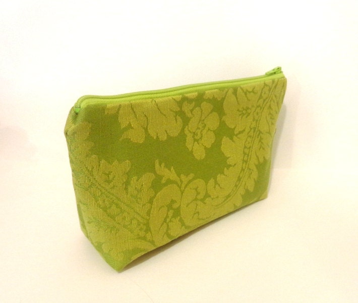 Medium Zipper Pouch Cosmetic Case Toiletry Bag Green Jacquard Pattern - handjstarcreations