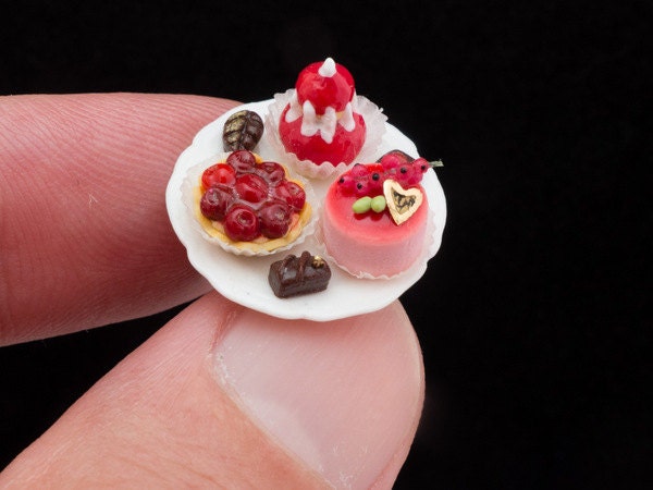 French Red Fruit Pastries and Chocolates on Stand - 12th Scale Miniature Food