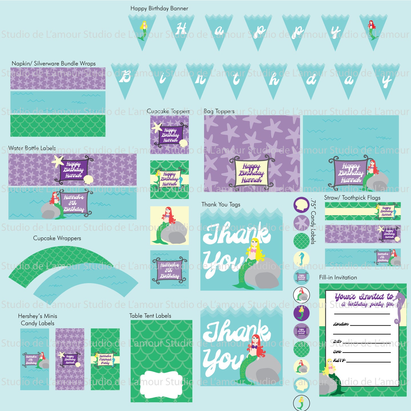 PRINTABLE DIY Mermaid Theme Customized PDF Birthday Party Package Il_570xn