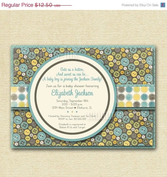 HOLIDAY SALE 10% off Shabby Chic Cute as a Button Baby Shower Invite - Boy Version - Brown and Aqua - PRINTABLE Invitation Design Il_570xn
