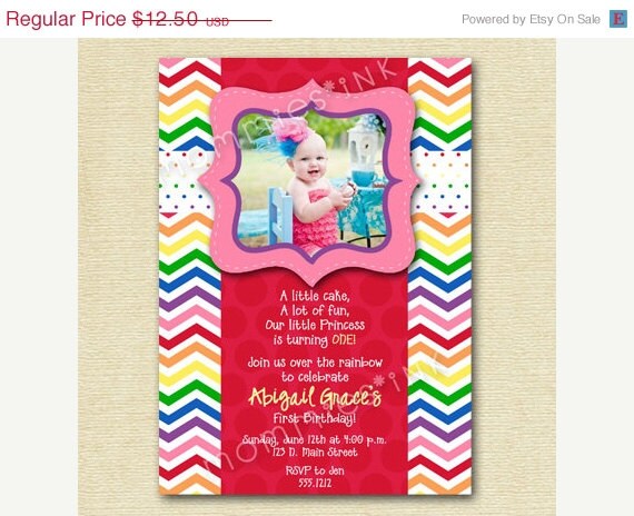 10% Off Holiday Sale Chevron Rainbow and Polka Dots Photo Birthday Invite - PRINTABLE INVITATION DESIGN Il_570xn