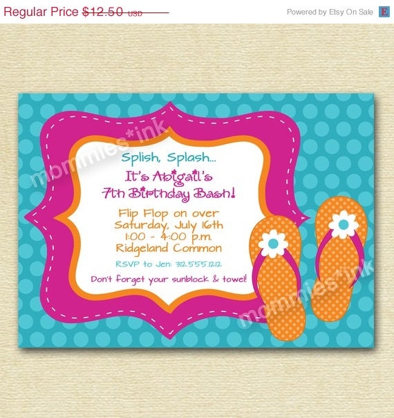 10% Off Holiday Sale Flip Flop Pool Party Birthday Invitation - PRINTABLE INVITATION DESIGN Il_570xn