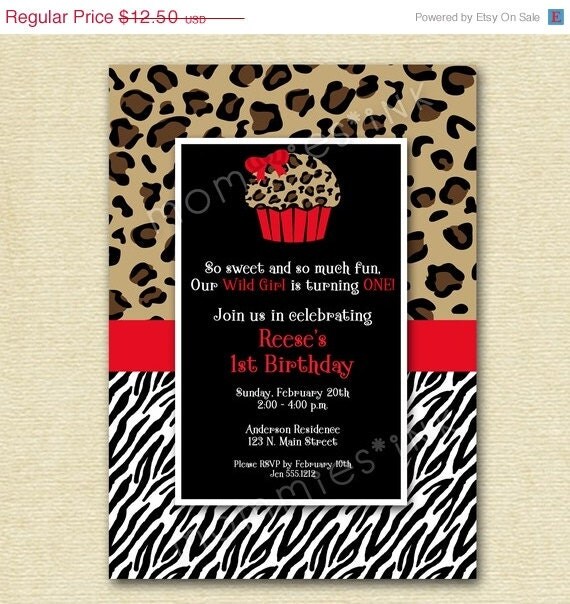 10% Off Holiday Sale Zebra Print & Leopard Cupcake Invitation - PRINTABLE INVITATION DESIGN Il_570xn