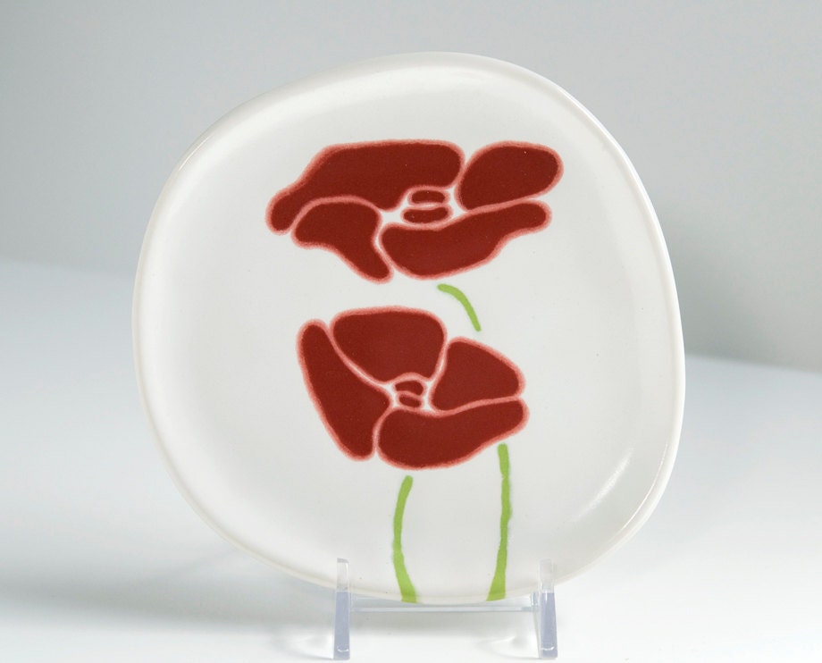 small ceramic plate - poppies in crimson red and chartreuse green