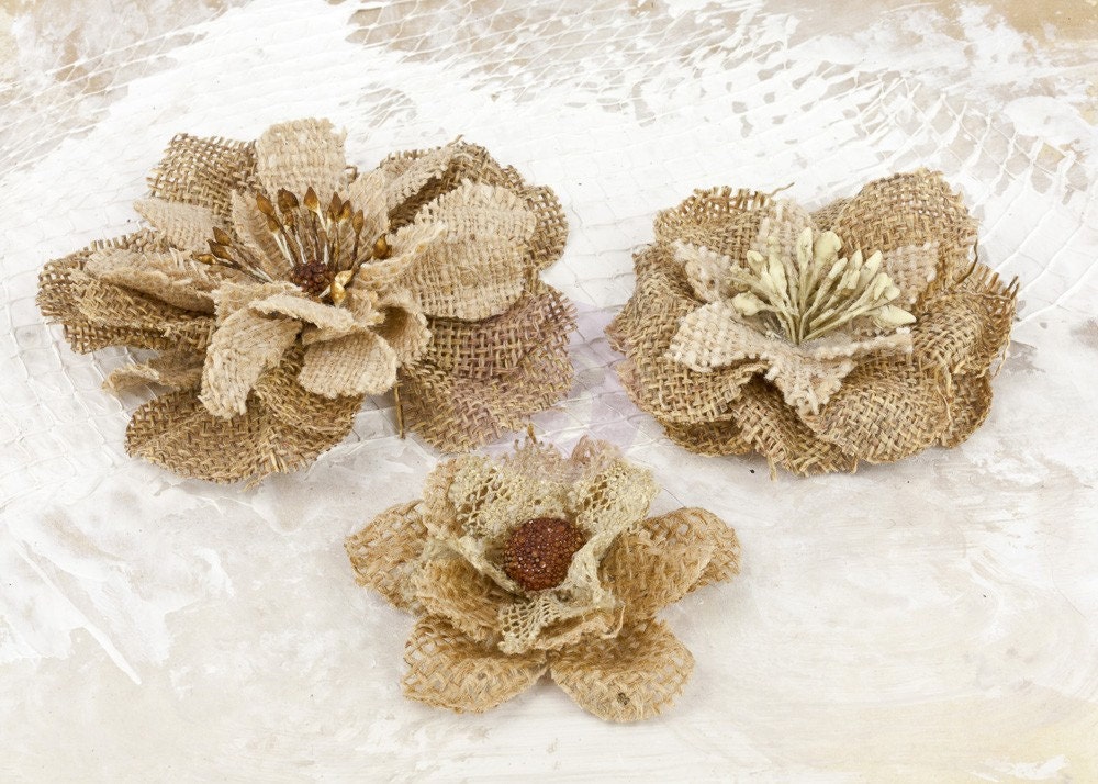 NEW: La Tela Collection - Natures Love Burlap Flowers  577146 Brown tan Vintage Inspired Flowers. Fascinator or Hat Design Appliques.