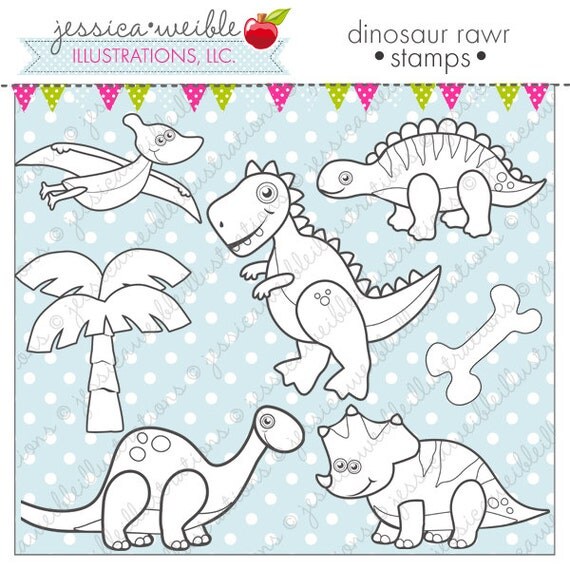 Dinosaur Rawr Cute Digital Line Art Stamps, Black and White Line Art, Digital Stamps, Dinosaurs, Dinosuar Stamps Il_570xn