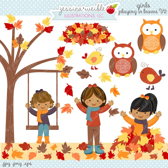 Girls Playing in Leaves V2 Cute Digital Clipart - Commercial Use OK - Autumn Clipart, Autumn Girls Graphics, Autumn Leaves, Digital Art Il_570xn