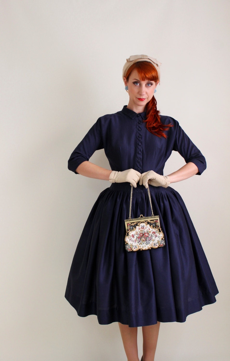 Vintage 1950s Dark Navy Blue Party Dress. Cocktail Dress