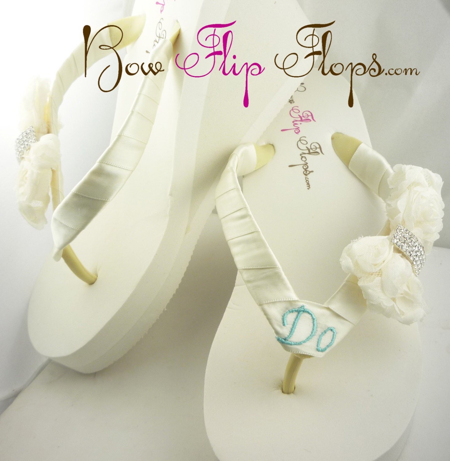 Ivory Bridal Flip Flops I DO Wedge Rosette Bow by BridalFlipFlops