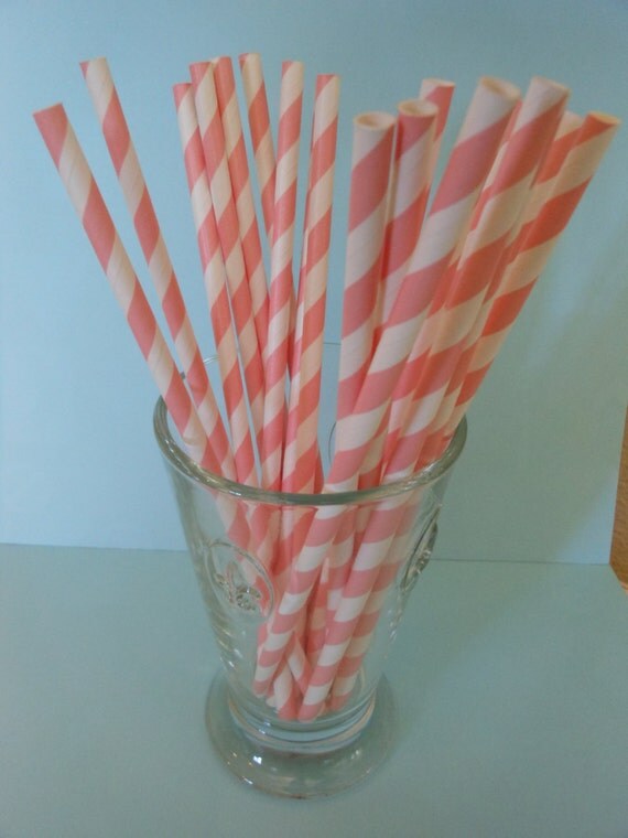 Pink and White Striped Retro Straws- (25) Il_570xn