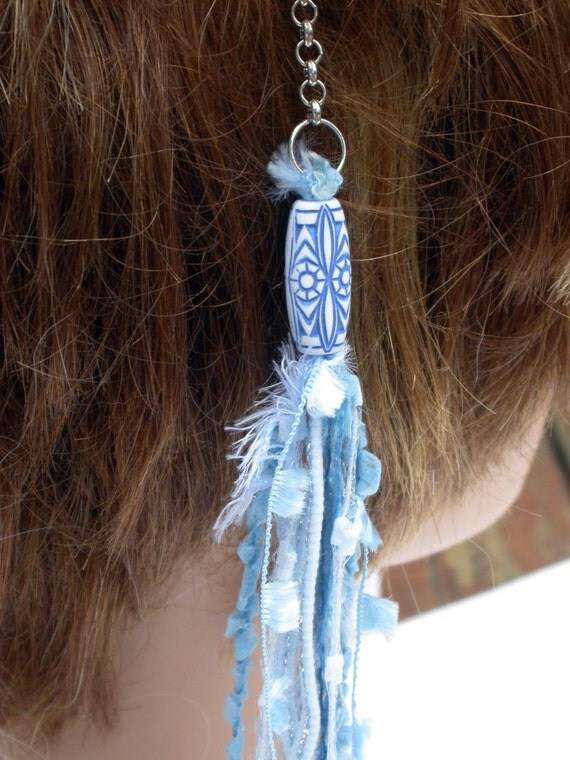 Hair Extension Clip Fiber Yarn Blue Fiber Dangle by SusanEknits
