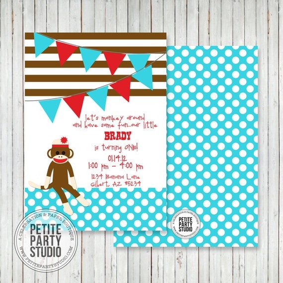 Vintage Sock Monkey Printable Party Invitation Birthday or Baby Shower - Petite Party Studio Il_570xn