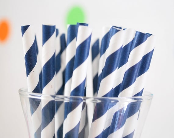 25 Paper Straws, 25 Navy Blue Stripped Paper Straws or Choose your Color MariaPalito A517 Il_570xn