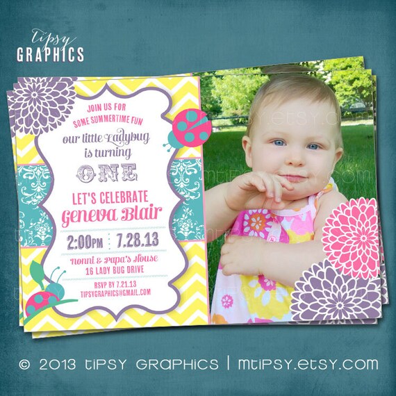 Chevron Ladybug Mum. Pink Purple Yellow Aqua Springtime Garden Birthday Party Invite by Tipsy Graphics Il_570xn