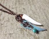 Mens White Horn & Patina Wing Copper Charm Necklace - Bohemian Jewelry - TesoroDelSol