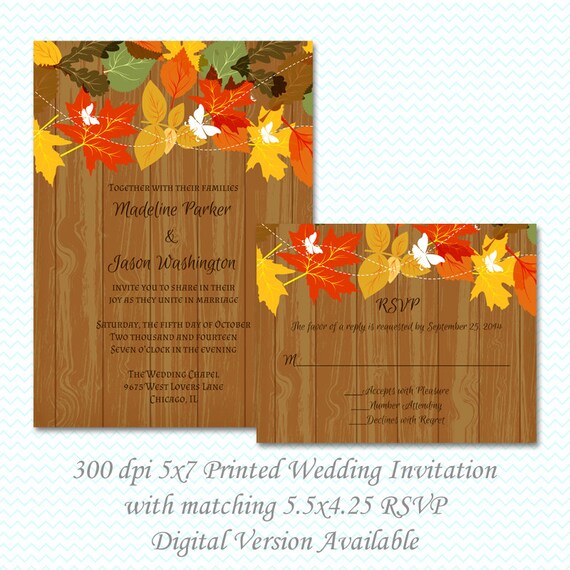 Fall leaves wedding invitation and matching RSVP flat card - Printed or Digital File Available Il_570xn