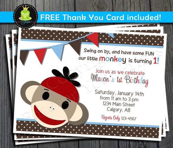 Sock Monkey Birthday Invitation - FREE Thank You Card included Il_570xn