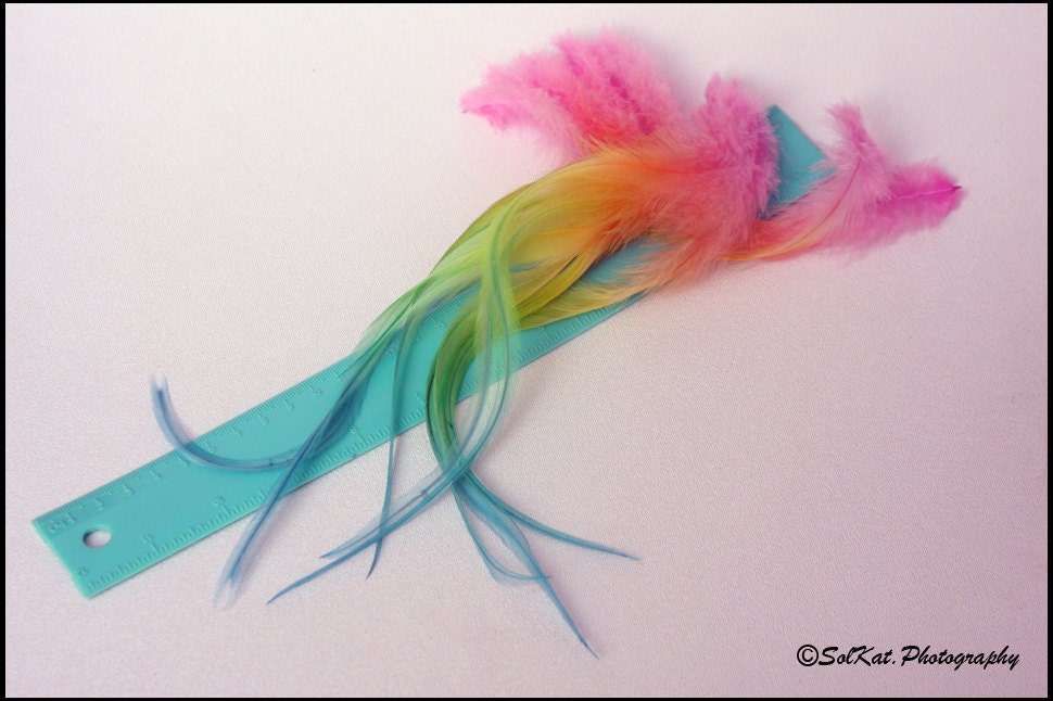 Rainbow Rooster Saddle Decorative Long Feather Full Spectrum, 5 Pink Faded to Yellow & Blue Craft Feathers