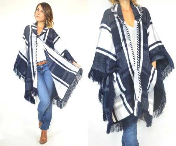 grunge classic PLAID navy & white printed CAPE COAT fringed poncho, one size fits all