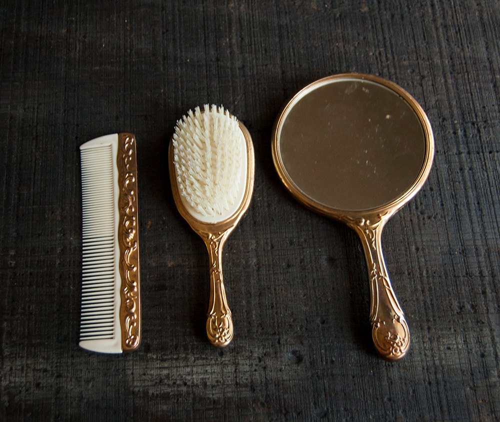 Gold Metal Vanity Hand Mirror and Brush Comb Set - TheVintageParlor