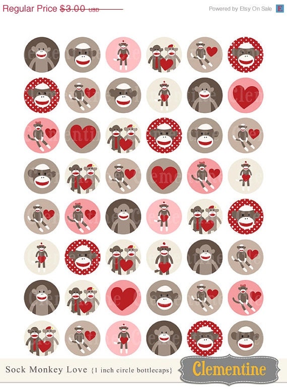 40% OFF SALE Sock Monkey bottle cap images, bottlecap images, one inch circles - royalty-free, digital collage sheet- Instant Download Il_570xn
