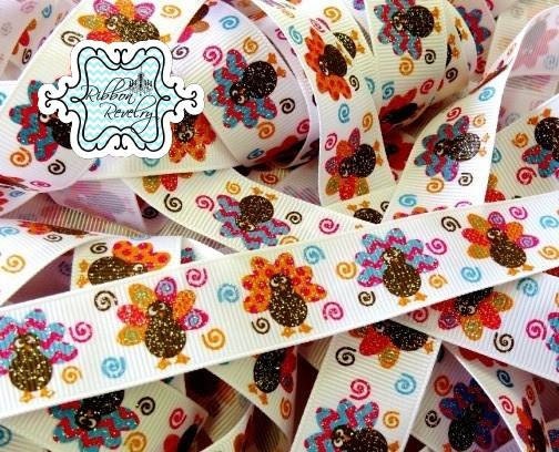 Happy Harvest Funky Glitter turkeys on 7/8" grosgrain ribbon SALE Il_570xn
