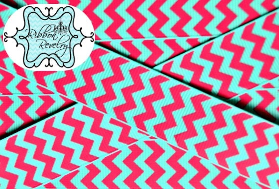 Flirty Fuschia chevron on aqua 7/8" grosgrain ribbon- wedding Il_570xn