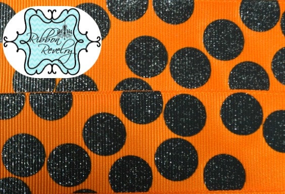 Black sparkle printed silly dots on orange 1 1/2" grosgrain ribbon- Halloween Il_570xn