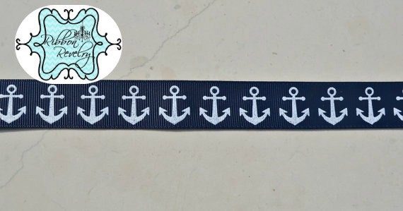 patriotic nautical white glitter anchors on navy blue 7/8" grosgrain ribbon Il_570xn